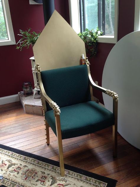 DIY Royal Throne prop. Easy and under $25, including chair! Great for medieval movies or plays. Throne Diy Chairs, Diy Throne Chair Prop, How To Make A Throne Chair Diy, Diy Throne Chair Ideas, Diy Throne Chair, Throne Diy, Medieval Movies, Aladdin Jr, Once Upon A Mattress