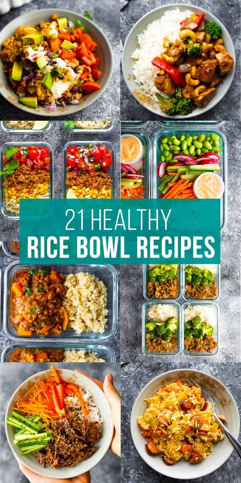 21 Tasty Rice Bowl Recipes | Sweet Peas and Saffron Meal Prep Bowls Healthy Easy, Heart Healthy Rice Bowls, Chicken And Rice Bowl Ideas, Healthy Lunch Rice Bowls, Meal Prep Ideas With Rice, Easy Lunch Rice Bowls, Meal Prep Rice Bowl Ideas, Low Calorie Rice Bowls, Low Calorie Bowls