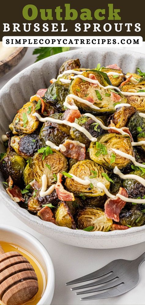 Outback Brussels Sprouts are one of my favorite vegetable side dishes. Crispy Brussels sprouts that are covered in a tangy balsamic glaze drizzled with lemon aioli and topped with crunchy bacon - I mean, what’s not to love? Copycat Outback Brussel Sprouts, Outback Steakhouse Brussel Sprouts, Outback Brussel Sprout Recipes, Leftover Brussel Sprouts, Crispy Brussels Sprouts, Keto Veggies, Crispy Brussel Sprouts, Keto Dishes, Lemon Aioli