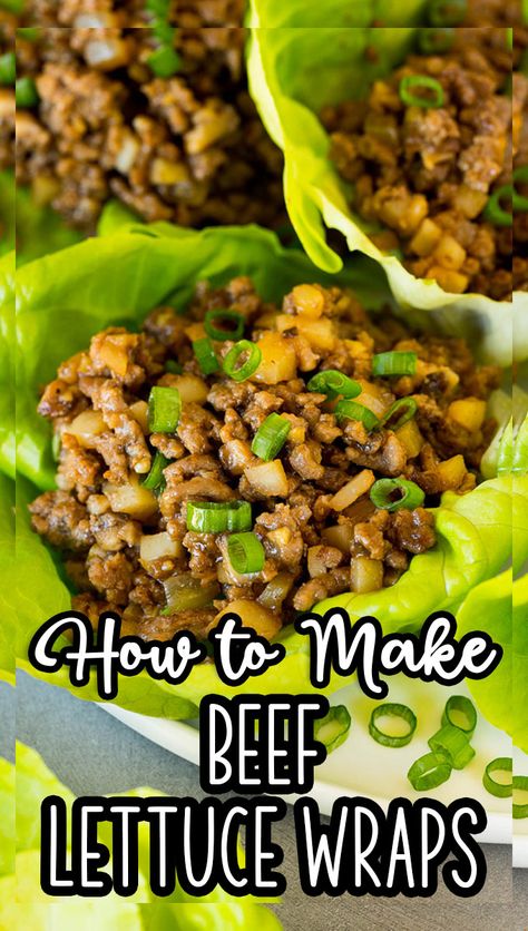 These beef lettuce wraps contain ground beef and plenty of veggies, cooked in a savory sauce and served in crisp butter lettuce leaves. Butter Lettuce Wraps, Ground Beef Lettuce Wraps Easy, Ground Beef Lettuce Wrap Recipes, Bib Lettuce Wraps, Taco Lettuce Wraps Beef, Recipes Using Lettuce, Beef Lettuce Cups, Lettuce Wraps Beef, Hamburger Lettuce Wraps