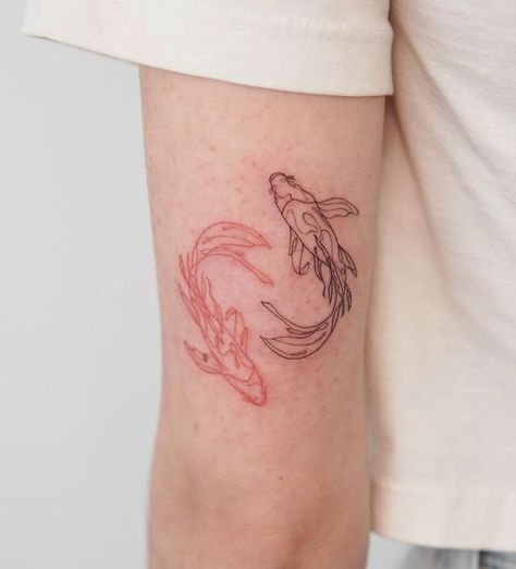 Koya Fish Tattoo, Simple Koi Tattoo, Koi Fish Tattoo Fineline, Matching Tattoos Koi Fish, Fineline Koi Fish Tattoo, Couples Koi Fish Tattoos, 2 Koi Fish Tattoo Design, Two Fishes Tattoo, Black And Red Koi Fish Tattoo