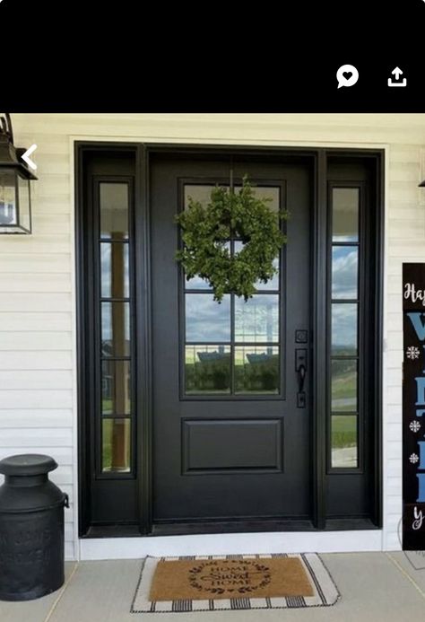 Black Sliding Doors Patio, Black Front Door, Back Door Ideas, Shutters Brick House, Front Door Overhang, Door Overhang, Black Shutters, Black Front Doors, Modern Front Door