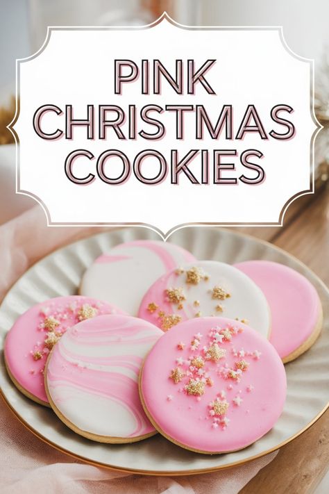 Pink frosted Christmas cookies with sprinkles on a white plate. Pink Velvet Cookies, Pink Pastries, Pink Desserts Recipes, Pink Christmas Cookies, Peppermint Macarons, Pink Recipes, Christmas Cookie Frosting, Christmas Cookies Recipes, Pink Dessert