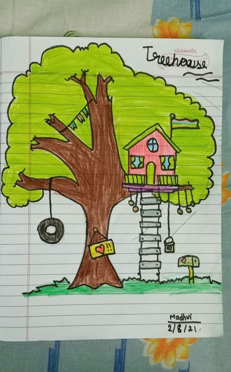 Treehouse Drawing, Normal Drawing, Tree House Drawing, Basic Drawing, House Drawing, Landscape Drawings, Journaling Ideas, Kids Corner, Bullet Journaling