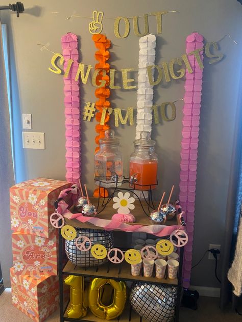 10 Themed Birthday Party, Tenth Birthday Theme, Peace Out Single Digits Im 10 Party, Peace Out Single Digits Birthday Cake, Peace Out Single Digits Im 10 Cake, Peace Out Double Digits Party, Peace Out Single Digits Party Decor, 10 Is A Vibe Party, 10th Birthday Girl Themes Ideas