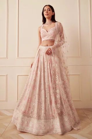 Shop for Sawan Gandhi Ivory Georgette Paisley Sequin Embellished Lehenga Set for Women Online at Aza Fashions Sawan Gandhi, Chikankari Lehenga, Simple Lehenga, Indian Outfits Lehenga, Lehenga Designs Simple, Lehenga Blouse Designs, Pink Thread, Desi Wear, Traditional Indian Dress