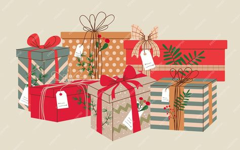 Premium Vector | Vector pile of christmas presents in wrapping paper with ribbon and bows. stack of different presents Stack Of Christmas Presents, Christmas Presents Illustration, Christmas Present Illustration, Stall Design, Poster Project, Bows Christmas, Coloring Inspiration, Stall Designs, Illustration Ideas