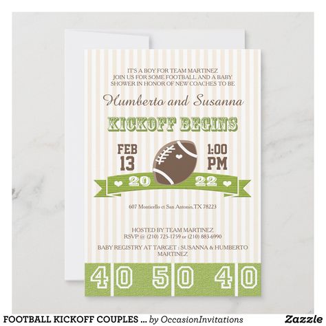 FOOTBALL KICKOFF COUPLES BABY SHOWER INVITATION | Zazzle.com Football Birthday Party Invitations, Football Wedding, Sports Birthday Invitations, Couples Baby Shower Invitations, Wedding Shower Cards, Heart Wedding Invitations, Wedding Shower Invitation, Couple Wedding Shower, Football Tailgate