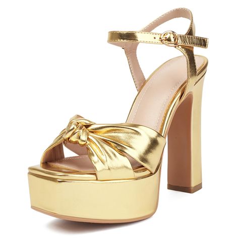 PRICES MAY VARY. Elevate your style with these gold platform heels, featuring a 5.5-inch heel height and a 1.5-inch platform height for added comfort and height. Comfortable Fit: Soft latex sponge insoles ensure that these gold chunky heels are as comfortable as they are stylish, allowing you to wear them all day long without any discomfort. Chic Design: the square open toe and bow twist design of these gold heels chunky, which effortlessly combine fashion and function to keep you looking chic a Gold Chunky Heels, Block Heels Wedding, Chunky Platform Heels, Gold Platform Heels, Gold Block Heels, Party Dress Wedding, Gold Platforms, Gold High Heels, Womens Chunky Heels