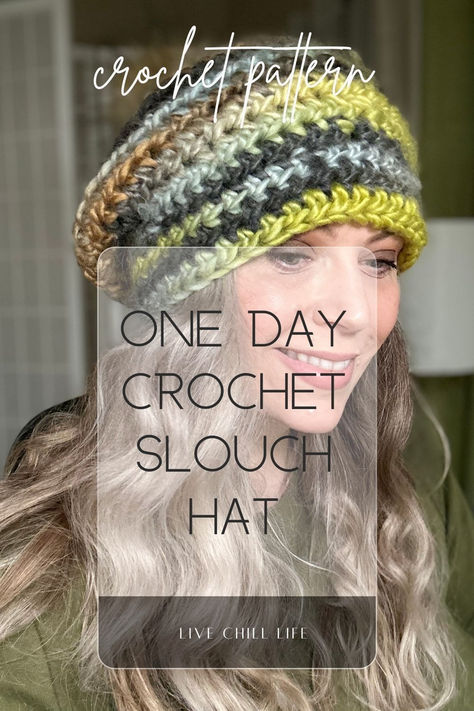 Make a hat in a day with this crochet chunky  yarn hat pattern.  Choice of a moderate slouch or a super slouch to suit your style. Chunky Crochet Slouch Hat Pattern Free, Slightly Slouchy Crochet Hat Pattern, Crochet Bucket Hat Bulky Yarn, Crochet Hats Using Bulky Yarn, Crochet Bulky Yarn Hat, Slouchy Crochet Hat Pattern Free, Chunky Yarn Hat Crochet Pattern Free, Crochet Hat Chunky Yarn, Slouchy Hat Crochet Pattern Free