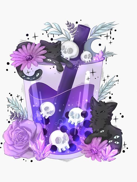 "Purple Witch Cats Boba Tea" Sticker by averiillustrate | Redbubble Fiona Art, Witch Cats, Cute Bubble Tea, Purple Witch, Images Kawaii, Witchy Wallpaper, Witch Cat, Cute Animal Drawings Kawaii, Cute Kawaii Drawings