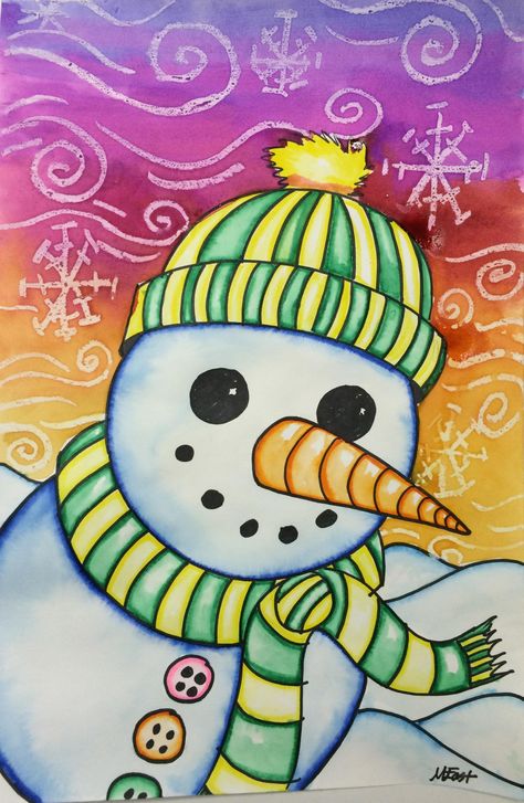 Snowman Painting with Markers & Watercolor Resist! Marker bleeding technique Painting With Markers, Art Club Projects, Elementary Art Lesson Plans, Sunflowers Art, Snowman Art, Winter Art Lesson, Christmas Art Projects, Winter Art Projects, 4th Grade Art