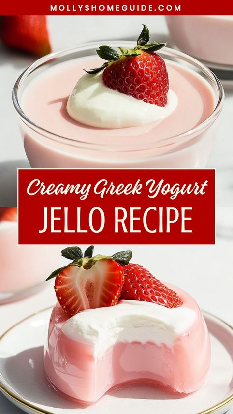 Indulge in a guilt-free treat with this refreshing Greek yogurt jello recipe. This simple and healthy dessert is the perfect way to satisfy your sweet cravings without the extra calories. Packed with protein and creamy goodness, you won't believe how delicious and satisfying this combination can be. Whether you enjoy it as a light snack or a tasty dessert, this Greek yogurt jello is sure to become a new favorite in your recipe collection. Yogurt With Jello, Yogurt And Jello Pudding, Things To Make With Yogurt Recipes, Yogurt And Jello Recipes, Healthy Jello Desserts, Jello Greek Yogurt Recipes, Greek Yogurt And Jello Recipes, Yoghurt Dessert Recipes, Drinkable Yogurt Recipes