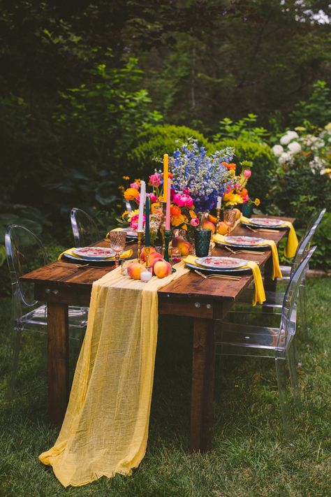 Reception Chair Decorations, Yellow Reception, Pink Yellow Weddings, Colorful Reception, Colorful Table Decor, Reception Table Decor, Wildflower Wedding Theme, Colorful Table Setting, Bright Wedding Colors