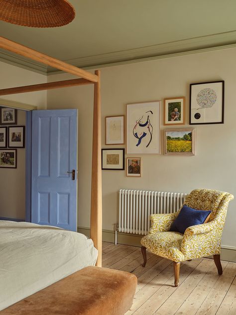 Uk Home Design, Unique Wall Colors, Tremont Home, Window Frame Color Ideas, Painted Slanted Ceiling, Orange And Light Blue Bedroom, Baby Blue Furniture, Colourful Bedroom Design, Pale Blue Bedroom Ideas