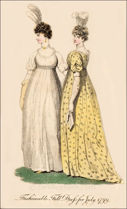 "Fashionable Full Dress for July 1799" - "It was very common in these early Lady’s Monthly Museum prints to show two versions of the same dress in a single print, or the same dress shown from both the front and the back. This made it easier for the reader, or her dressmaker, to copy the style. It is difficult to see online, but the silver waistband on the white dress and the silver spots on the yellow dress are painted in silver metallic paint." 1799 Fashion, 1790s Fashion, Empire Fashion, 1700 Fashion, Round Dress, Silver Metallic Paint, Regency Gown, Transitional Fashion, Regency Era Fashion