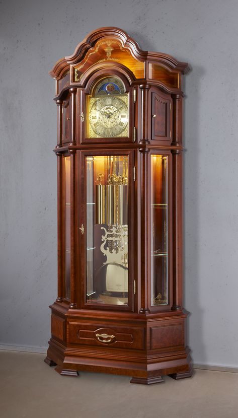 Impressive German Grandfather Clock | Traditional handwork | Nut tree Grandmother Clock, Art Deco Design Graphics, Clock Sound, Grand Father, Grandfather Clocks, Hallway Light Fixtures, Golden Decor, Hallway Lighting, Grandfather Clock