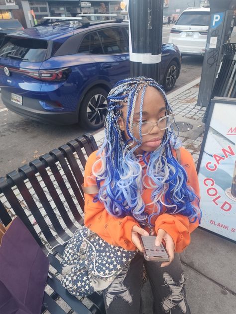 Pastel Blue Braids, French Curls Braids Purple, Midnight Blue Box Braids, Periwinkle Braids, Light Blue Box Braids, White And Blue Braids, Blue And Purple Braids, Blue And White Braids, Pink And Blue Braids