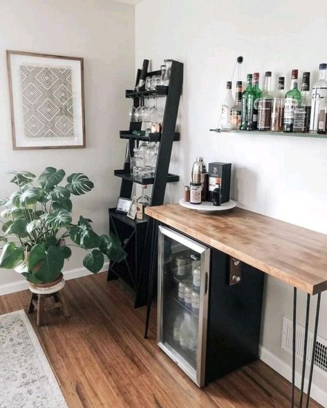 Cheap Home Bar Ideas, Book Shelf Bar Ideas, Mini Bar Area In Home, Mini Bar For Apartment, Small Bars For Home Ideas, Unique Coffee Bar Ideas, Coffee And Bar Ideas For Home, Apartment Mini Bar, Bar With Seating Area