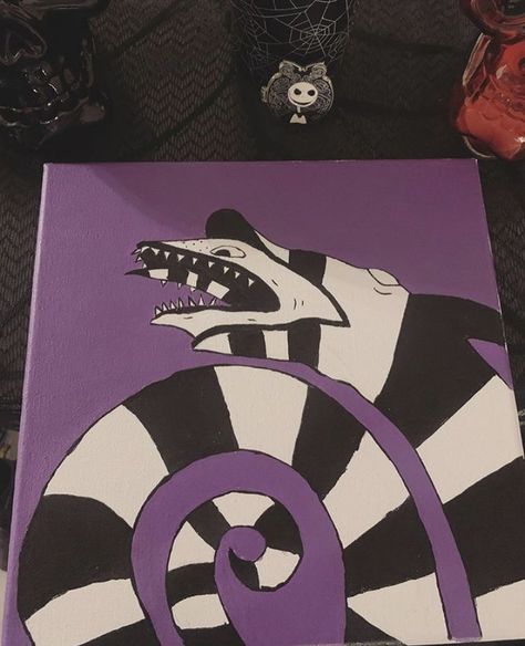 Halloween Diy Painting Canvas Easy, Tim Burton Canvas Painting, Tim Burton Painting Easy, Tim Burton Painting Ideas Easy, Bettle Juice Drawings, Easy Beetlejuice Painting, Beetlejuice Art Painting, Beetlejuice Painting Ideas, Beetlejuice Painting Canvas