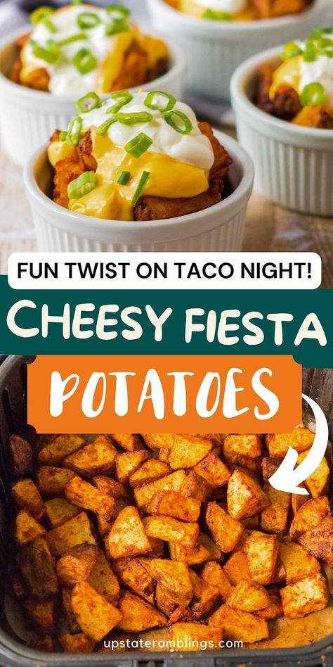 Cheesy Fiesta Potatoes Best Taco Night Recipes, Easy Taco Night Recipes, Taco Tuesday Meal Ideas, Taco Movie Night, Taco Night Party Ideas, Halloween Taco Night, Fun Taco Night Ideas, Sides To Go With Tacos Simple, Taco Dinner Party Ideas