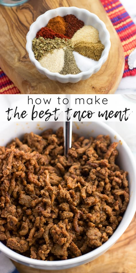 This homemade taco meat recipe features the best homemade taco seasoning (no MSG!) and yields juicy and flavorful meat for tacos, salads, and more in no time. It's easy to make with both ground turkey and ground beef. Homemade Taco Meat, Meat For Tacos, Best Homemade Taco Seasoning, Best Taco Meat Recipe, Best Taco Meat, Taco Meat Seasoning, Taco Meat Recipe, Turkey Tacos Recipes, Make Taco Seasoning