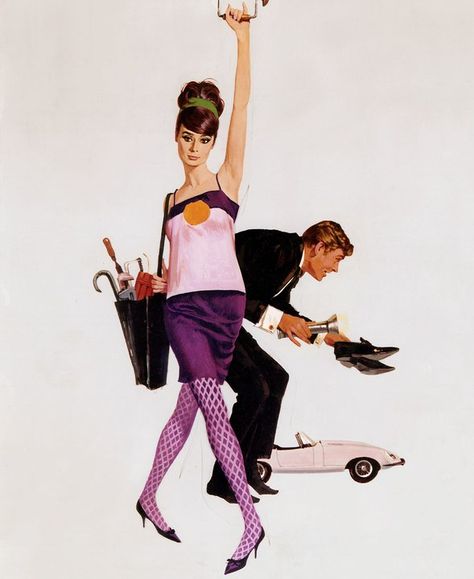 Audrey Hepburn and Peter O’Toole, depicted on Robert McGinnis’s poster for *How to Steal a Million,* 1966. Fashion Show Poster, Robert Mcginnis, Peter O'toole, Paperback Book Covers, Pulp Fiction Art, Iconic Movie Posters, Pulp Art, Iconic Movies, Pulp Fiction