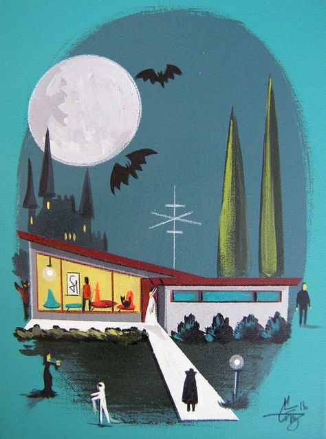 Mid century Halloween... Mid Century Modern Halloween, Mid Century Halloween, Mid Century Illustration, Halloween Retro, Retro Kunst, Modern Halloween, Halloween Illustration, Halloween Images, Mid Century Modern Art