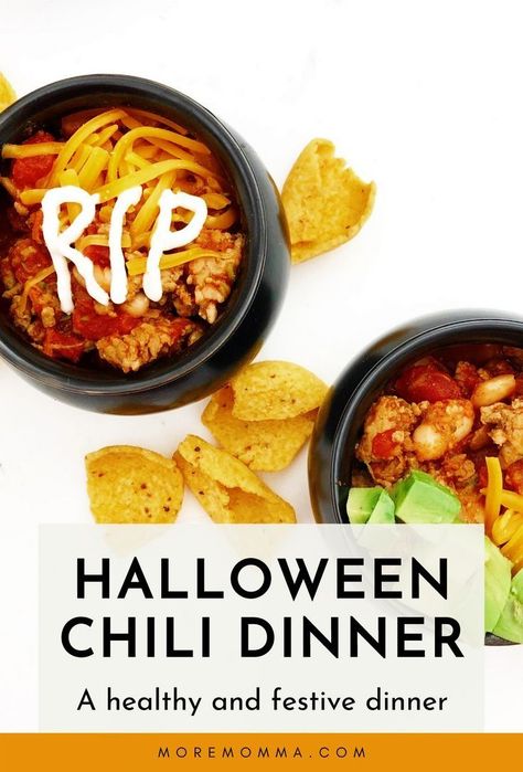 This Halloween Chili Dinner recipe is perfect for warming up your Halloween night. Even better, it’s packed with veggies and will fuel your family for a fun night of trick-or-treating! | MoreMomma! Tasty recipes Halloween Night Dinner, Halloween Chili, Dinner Party Buffet, Turkey Chili Recipe Easy, Easy Turkey Chili, Chili Dinner, Dinner Party Appetizers, Hidden Vegetables, Chili Recipe Turkey