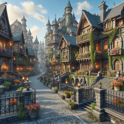 Fantasy Trading City, Fantasy Government Building, Fantasy Guild Building, Medieval City Concept Art, Dnd Screen, Mountain Dream Homes, Fantasy Town, Town Building, Medieval Houses