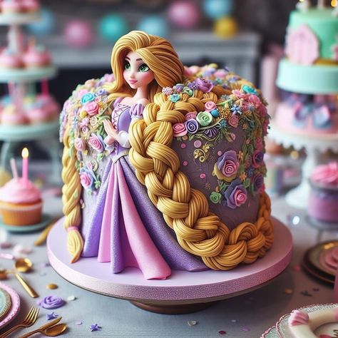 Rapunzel Cake Aesthetic, Rapunzel Cakes Ideas, Rapunzel Inspired Cake, Rapunzel Inspired Birthday Cake, Disney Princesses Cake, Tangled Birthday Cake, Rupunzle Cakes, Rapunzel Doll Cake, Princess Theme Cake