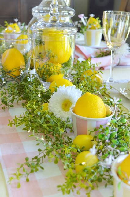 Dining Delight: Pretty Pink & Lemon Yellow Luncheon Tablescape Lemon Tablescape, Lemon Table Decor, Lemon Themed Party, Summer Table Settings, Ladies Luncheon, Yellow Colour Scheme, Summer Table, Floral Napkins, Pink Lemon