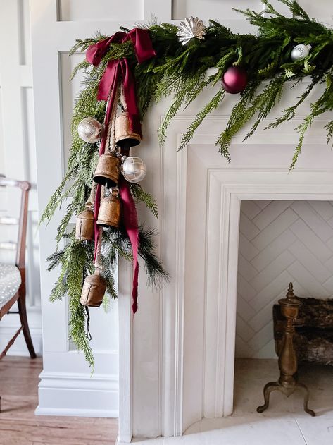 Classic Burgundy and Silver Mantel - Deeply Southern Home Burgundy Christmas Decor, Burgundy Christmas, Holiday Mantel, Christmas Decor Inspiration, Christmas Mantel Decorations, Christmas Mantle, Christmas Fireplace, Christmas Mantels, Southern Home