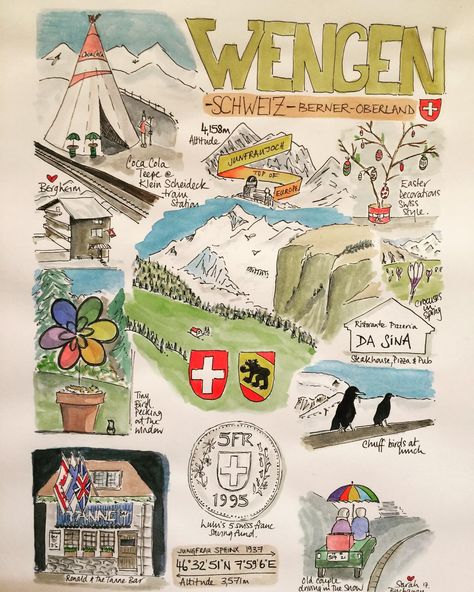 One of my favourite places… and a painting of a few memories and stand out places for me in Wengen, Switzerland 🇨🇭🥰 . @switzerland.explores @visitswitzerland @wengen.swiss @swisstravell #swiss #swissalps #swissalps🇨🇭 #illustration #illustrationoftheday @tannebar @jungfraujochtopofeurope @jungfrauregion Switzerland Sketch Art Illustrations, Switzerland Travel Journal, Switzerland Sketch, Wengen Switzerland, Spring Mountains, Europe Train, Train Decor, Illustration Pen And Ink, Old Couples