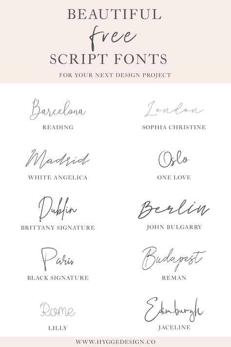 Top ten free script fonts | Beautiful script fonts that you can use for your next design project. Learn more about where you can get these beautiful fonts today! #hyggedesignco #designinspiration #fonts Typographie Logo, Hygge Design, Beautiful Script Fonts, Free Script Fonts, Design Blogs, Aesthetic Fonts, Brush Script, Font Inspiration, Graphic Design Fonts