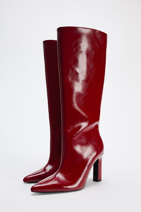 Cherry Boots, Cherry Red Boots, Red Heel Boots, It Girl Aesthetic, Zara Australia, Zara Boots, Concert Outfits, High Heel Boots Knee, Red Boots