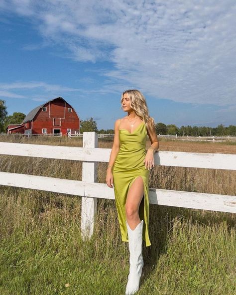 Wedding Guest Dress With White Cowboy Boots, Long Boots Dress Outfit, Boots With Wedding Guest Dress, Cowboy Boots Formal Outfit, Dress With Cowboy Boots Wedding Guest Fall, Dress Boots Wedding Guest, Cowgirl Boots And Dress Outfit Wedding, Silk Dress And Cowboy Boots, Formal Dress With Cowboy Boots Long