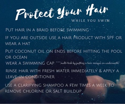 Summer is right around the corner and that means more swimming! Chlorine and salt can wreak havoc on our hair causing build-up and even fading color.  These are some tips to keep in mind this summer to protect your hair. Where do you swim more in the summer pool, ocean or lake? #summerhair #hairtips #summerhairtips #beachhair #hairgoals #healyourhairwithemily #healthyhair Beach Protective Hairstyles, Protective Hairstyles For Swimming, Summer Hair Tips, Swimming Skin Care Tips, Hairstyles For The Pool Swimming, Hair Tips For Swimmers, Swimming Hair Care Tips, Swimming Hair Protection, How To Protect Your Hair From Chlorine