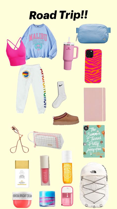 what time pack for a road trip Things For Road Trip, Teen Road Trip Essentials, Road Trip Set Up, Packing For Road Trip, Road Trip Essentials For Teens, Preppy Road Trip, Road Trip Basket, Pack For A Road Trip, Trip Necessities