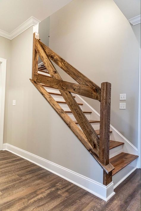 Stairs 2023, Stairs Rails, Upstairs Ideas, Farmhouse Staircase, Diy Stair Railing, Farmhouse Trim, Rustic Staircase, Carpet Staircase, Rustic Stairs