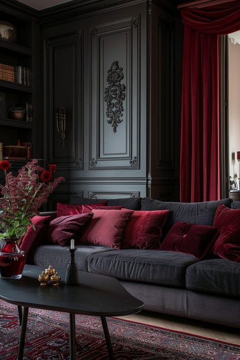 Dark Grey And Red Living Room, Deep Raspberry Color, Dark Red Couch Living Room, Moody Red Living Room, Living Room Inspiration Dark, Room Inspiration Dark, Living Room Burgundy, Burgundy Home Decor, Maroon Living Room