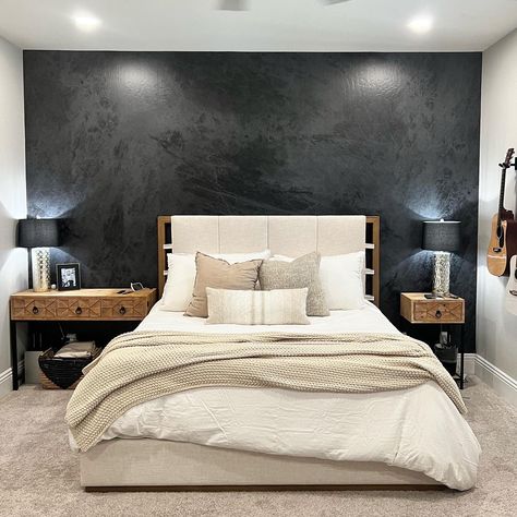 ONYX | WALL BLUSH Masculine Bedroom Wallpaper, Textured Interior Walls, Concrete Wallpaper Bedroom, Black And Gold Accent Wall Living Room, Dark Wallpaper Bedroom Accent Wall, Black Wallpaper Bedroom Ideas, Dark Feature Wall Bedroom, Room With Black Accent Wall, Black Feature Wall Bedroom