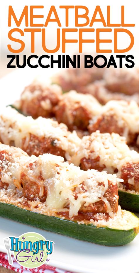 Meatball Parm Stuffed Zucchini + More Healthy Zucchini Recipes | Hungry Girl Healthy Zucchini Recipes, Meatball Parm, Stuffed Zucchini Boats, Zucchini Recipes Healthy, Weekly Recipes, Hungry Girl Recipes, Stuffed Zucchini, Healthy Zucchini, Meatball Subs