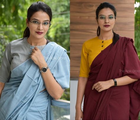 This Brand Shows Effortless Ways To Nail Your Formal Saree! • Keep Me Stylish Keep Me Stylish, Formal Saree, Cotton Saree Blouse Designs, Cotton Blouse Design, Saree Wearing, Blouse Designs Catalogue, Saree Wearing Styles, Fashionable Work Outfit, Saree Blouse Neck Designs