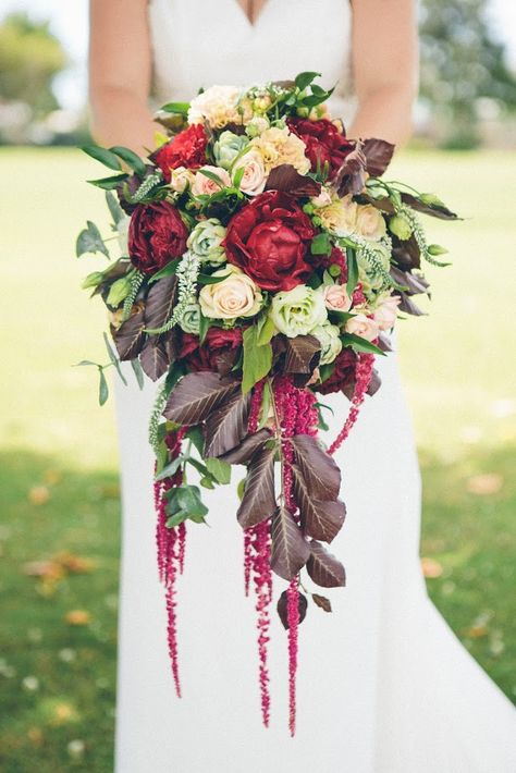 trailing bouquet. Marsala and blush. Peonies, succulants, roses, amaranthus, succulants. Katie O'Neill Photography Trailing Bouquet, Flower Styling, Pineapple Sage, Blush Peonies, New Plymouth, Cascade Bouquet, Table Flowers, Bride Bridal, Wedding Florist