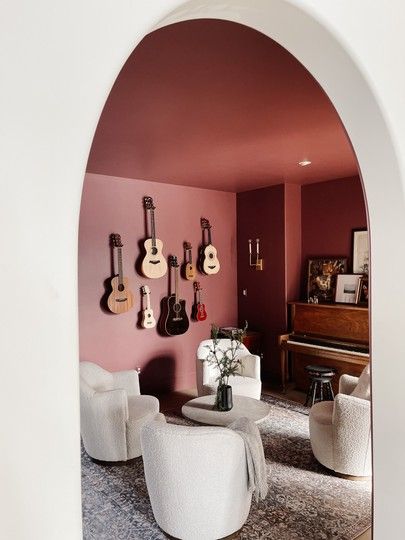 Small Music Room, Modern Music Room, Office Music Room, Studio Music Room, Gold Wall Sconces, Red Bedroom Design, Music Room Design, Office Music, Red Paint Colors