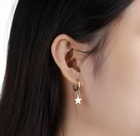 Star Dangle Earrings, Gold Star Earrings, Minimalist Earring, Small Gold Hoop Earrings, Celestial Earrings, Small Gold Hoops, Dangle Hoop Earrings, Tiny Star, Gift Graduation