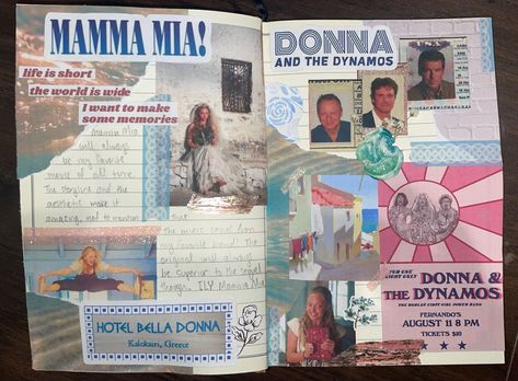 Scrapbook Movie Page, Mamma Mia Scrapbook, Mamma Mia Diary, Mamma Mia Journal, Mamma Mia Bachelorette Party, Collage Notebook, Movie Scrapbook, Notebook Scrapbook, Shot Book