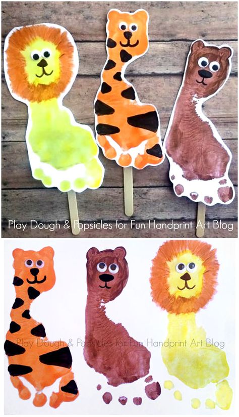 How to make Lion, Tiger, & Bear Wizard of of Puppets using Footprints! Bear Footprint, Zoo Crafts, Zoo Animal Crafts, Footprint Craft, Footprint Crafts, Baby Art Projects, Puppet Crafts, The Crafts, Footprint Art