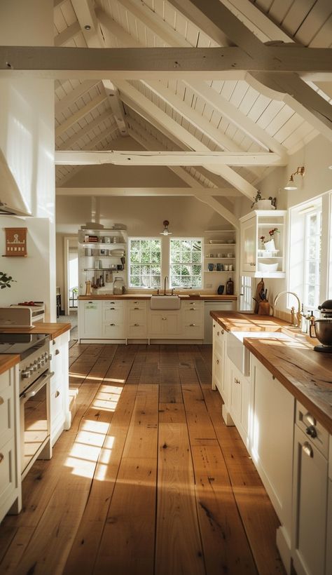 Modern Farmhouse Kitchen, Farm House Colors, Farmhouse Living Room, Cozy Farmhouse, Modern Farmhouse Kitchens, Farmhouse Dining Room, Wood Beams, Dream House Plans, Farmhouse Dining